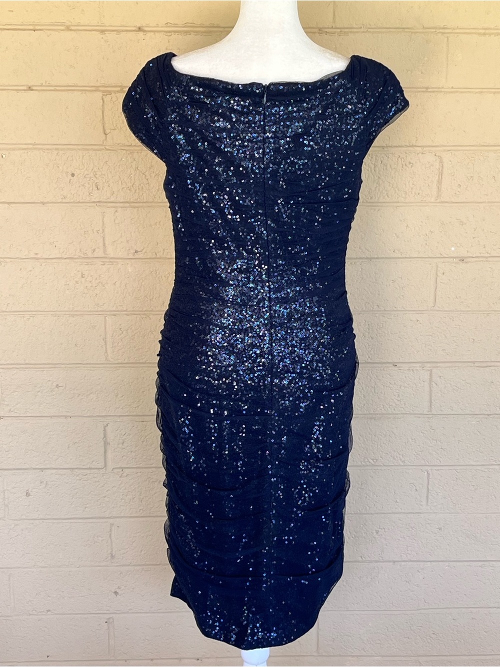 Ralph Lauren Sequin Dress w/ ruched tulle overlay. Cape sleeves. Navy blue. 6-8 - Picture 9 of 16